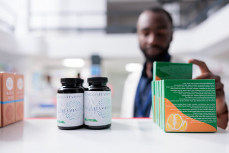 African american pharmacist choosing vitamins, taking pills from drugstore shelf, close up selective...