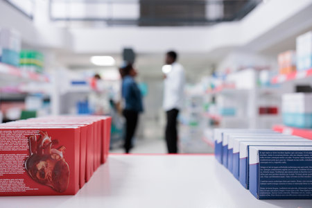 Medicament packages on pharmacy shelf closeup, selective focus, customers buying medicaments in drugstore, standing in pharmacy aisle in background. African american clients shopping in drug storeの写真素材