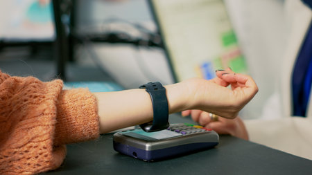 Young woman using smartwatch with nfc to pay for medicaments, standing at drugstore cash register....