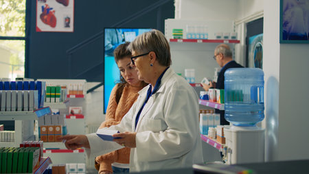 Pharmacist talking to client about supplements and pills, looking at boxes of medicine on drugstore...