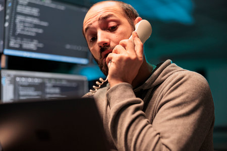App developer talking on landline phone call after hours, answering office cord telephone to program...