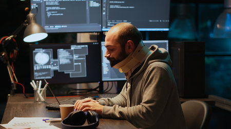 Adult programmer with neck collar foam coding html script, using laptop and multiple monitors at...