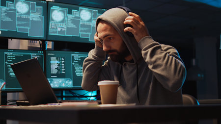 Cyber criminal hacking system to destroy information, breaking into corporate data servers using laptop and multiple screens. Trying to hack database and steal big data, cyberattack. Handheld shot.の写真素材