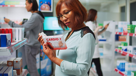 Pharmacy client reading cardiology drugs boxes on shelves, searching for healthcare medicine. Female...