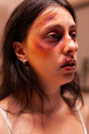 Woman in pain after being abused and traumatised by terrifying lover. Violent aggressive husband abusing injuring terrified helpless, vulnerable, afraid, beaten and panicked wife.の写真素材