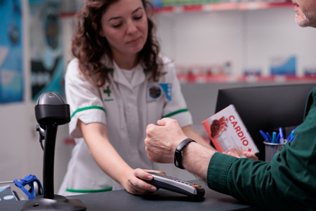 Elderly client paying cardiology pills with modern watch using terminal for contactless payment in...