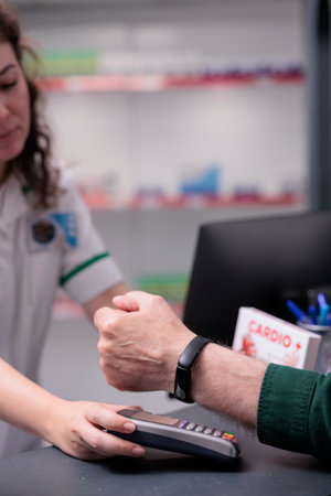 Senior client buying pharmaceutical treatment, doing contactless payment with modern watch in...