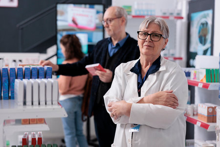 Portrait of senior pharmacist looking at camera while standing with arm crossed in pharmacy, offering support to clients. Customers looking at drugstore shelves buying pills and vitaminsの写真素材
