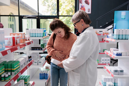 Woman customer suffering from stomachache asking pharmacist about pills or painkillers to cure food poisoning. Client dealing with abdominal cramps looking for medicaments in pharmacyの写真素材