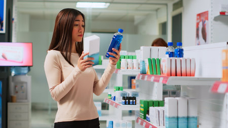 Young woman reading pharmaceutics leaflet in drugstore, checking medicaments to buy healthcare products. Customer looking at pills boxes to buy prescription treatment or medicaments.の写真素材