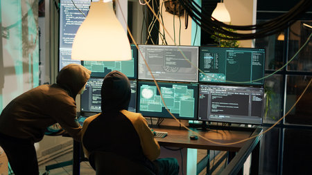 Anonymous people planting virus to exploit computer server, hacking network system late at night....