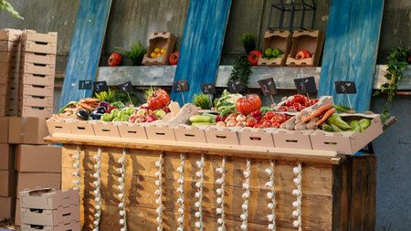 Street festival with farmers market counter to sell fresh produce, empty greenmarket stand with various fruits and veggies. Colorful raw products homegrown, vegetables on marketplace stall.の写真素材