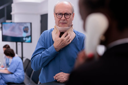 Injured senior patient with cervical neck collar discussing with reception worker during checkup visit appointment in hospital waiting room. Health care support service and conceptの写真素材