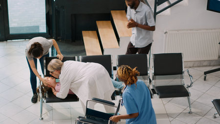 Worried father carrying unconscious child in hospital lobby, kid fainting and parents asking...