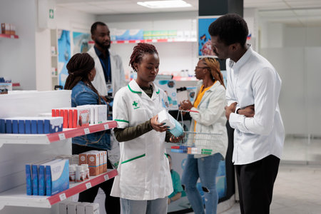 Pharmacy consultant recommending buyer stomachache medication. African american man client with stomach pain shopping in drugstore, talking with pharmacist, choosing medicineの写真素材