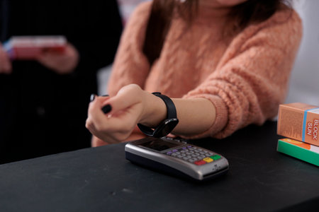 Customer paying for medical treatment with smartwatch using pos terminal contactless, buying vitamins in pharmacy. Client standing at counter drugstore shopping for prescription pills. Close upの写真素材