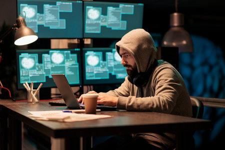 Hacker stealing computer information from server, cybercrime threat and security breach on multiple...