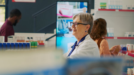 Senior health specialist looking at vitamins boxes on pharmacy shelves, checking leaflets of supplements. Pharmacist woking in drugstore and helping customers with disease. Handheld shot.の写真素材