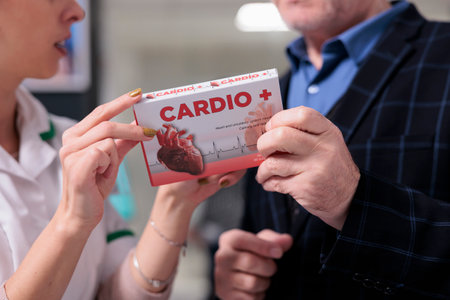 Chemist and old man holding heart supplements package in drugstore and discussing pills instruction. Pharmaceutical worker giving cardiac multivitamin and mineral complex close upの写真素材