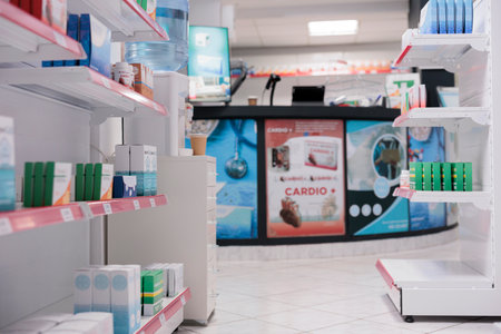 Empty pharmacy equipped with medicaments containers and supplements packages, retail shop shelves with pharmaceutical products. Drugstore space filled with medical supplement and drugs bottles.の写真素材