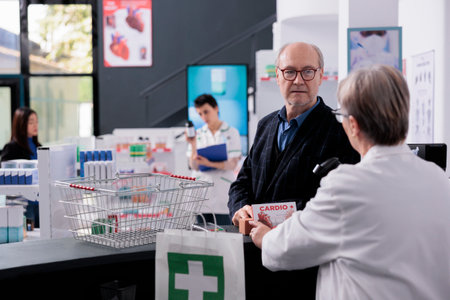 Senior customer buying heart vitamin at drugstore cash register and waiting for pharmaceutical specialist scanning medication barcode. Elderly man in glasses standing near pharmacy counter deskの写真素材