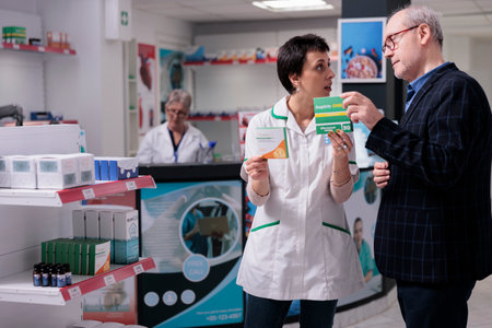 Elderly man asking pharmacist for help to choose pills and discussing vitamin c benefits. Young woman pharmacy consultant holding aspirin package and explaining asa dosage instructionの写真素材