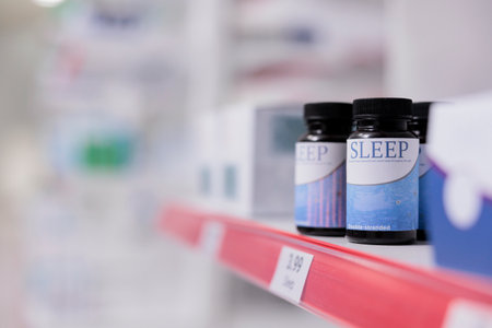 Empty drugstore with nobody in it with bottles and packages on medicaments, retail shop shelves full with pharmaceutical products. Pharmacy space filled with medical vitamins and supplement boxes.の写真素材