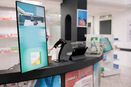 Empty pharmacy counter desk equipped with store display and computer ready for clients to come and...