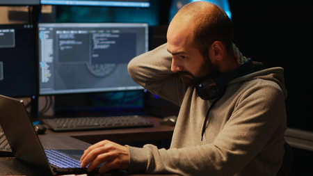 Software developer dealing with spinal discomfort and working on server programming, sitting at...