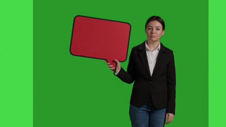 Front view of company employee holding speech bubble in studio, showing isolated cardboard icon over...