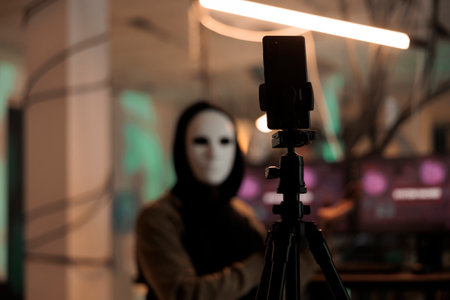 Young criminal committing cyberterrorism late at night, broadcasting live ransomware video on camera. Hacker with mask making internet fraud threats, stealing important information.の写真素材