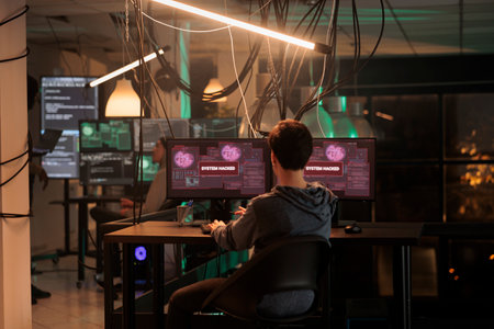 Professional spy breaking into computer system and hacking bank account, using virus to access...