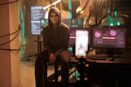 Cyber criminal in mask hacking password, breaking into computer system, anonymous attacking data server. Cybercrime, woman hacker stealing information portrait at night timeの写真素材