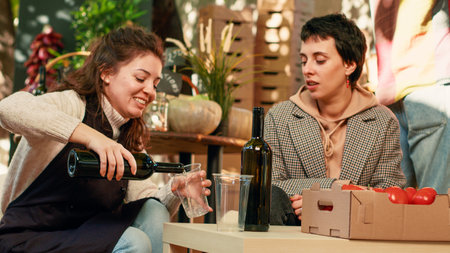 Client and winemaker tasting natural wine together next to farmers market stand, enjoying product sampling. Female consumer and seller drinking glass of homemade wine. Handheld shot.の写真素材
