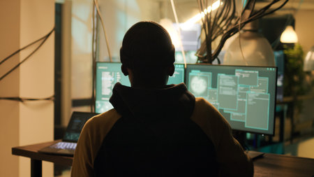 Silhouette of male hacker breaking firewall encryption to plant trojan virus, looking to steal valuable data late at night. Young thief using computer malware to hack online web system.の写真素材
