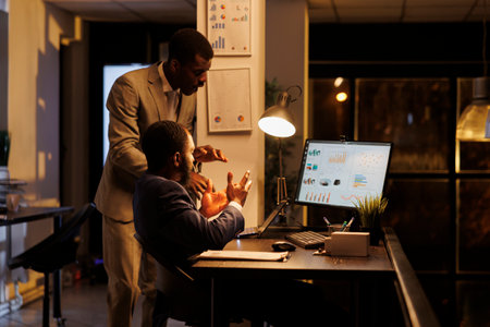 Advisor agent showing financial statistics to worker, discussing marketing strategy in startup...