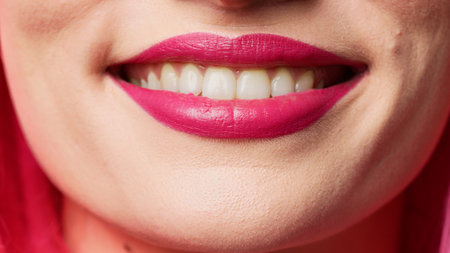 Cheerful female model showing candid smile in studio, wearing glamour pink lipstick and smiling. Beautiful attractive person acting flirty expressing passion. Macro shot, extreme closeup.の写真素材