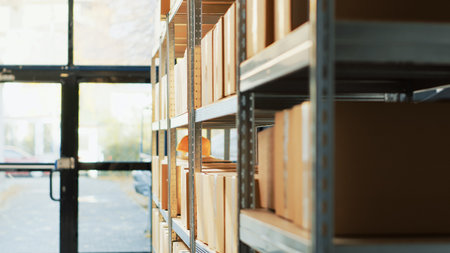 Empty storage room filled with cardboard boxes, shelves and racks with merchandise and cargo in warehouse. Distribution goods packed in containers, products shipment in storehouse.の写真素材