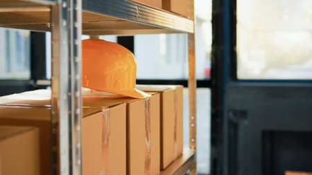 Racks and shelves filled with packages in storage room, empty warehouse space with containers of merchandise and products for retail store distribution. Cargo supplies for logistics. Handheld shot.の写真素材