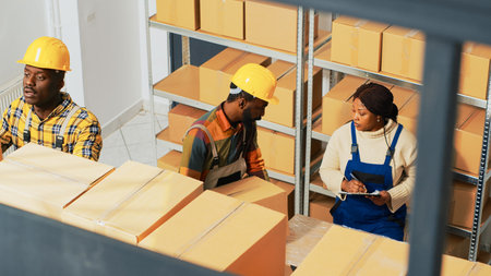 African american people working on stock logistics in warehouse, checking boxes of merchandise in storage room. Young team of depot employees doing inventory with list of products.の写真素材
