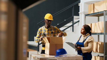 Factory workers packing retail store goods in boxes and preparing products for shipment order....