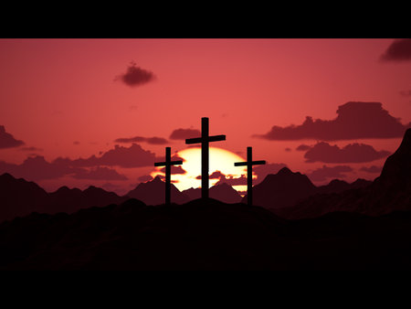 Holy sacrificial crosses on jerusalem hill at sunrise, celebrating easter for holy sacrifice of...