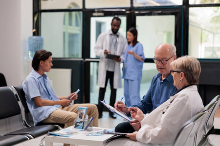 Senior specialist sitting on chair in hospital lobby explaining illness diagnosis to elderly patient discussing health care treatment. Diverse people waiting to start examination during checkup visitの写真素材