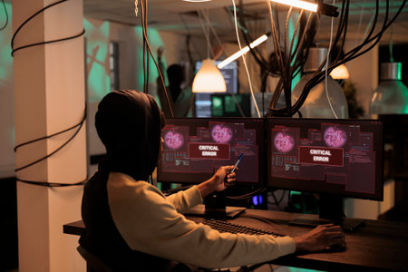Cyberattack alert message on computer screen, hacker stealing password, internet criminal breaking...