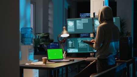 Male hacker using greenscreen to break into IT server, coding and programming on multiple monitors. Causing pc malware with virus, having isolated chroma key display and blank copyspace.の写真素材