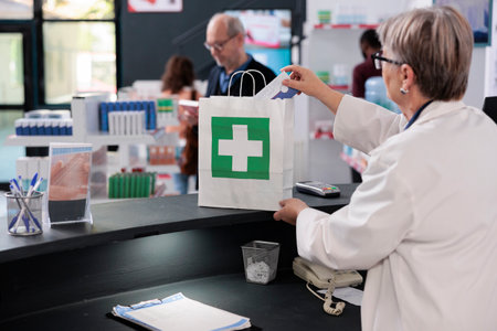 Elderly pharmacist standing at pharmacy counter putting prescription treatment in paper bag preparing package for client. Customers looking at shelves full with medication, buying pillsの写真素材