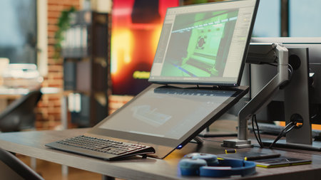 Empty render studio used to develop prototype or gaming infographics on multiple monitors. Creative agency office running artistic software with high tech computers, technical content.の写真素材