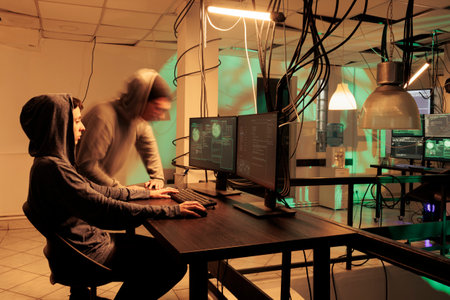 Woman hacker coding computer worm program, hacking internet network system, developing malware. Cyberattack, criminal cracking server password, programming malicious software at night timeの写真素材