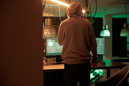 Cyberattack, database password cracking, computer system hacking, data breach. Cybercrime, criminal breaking into online server, developing malicious software, stealing privacy informationの写真素材