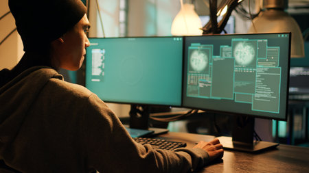 Male thief exploiting server vulnerability and breaking into firewall encryption, using hacktivism concept to steal information. Young man planting pc malware on computer system. Tripod shot.の写真素材